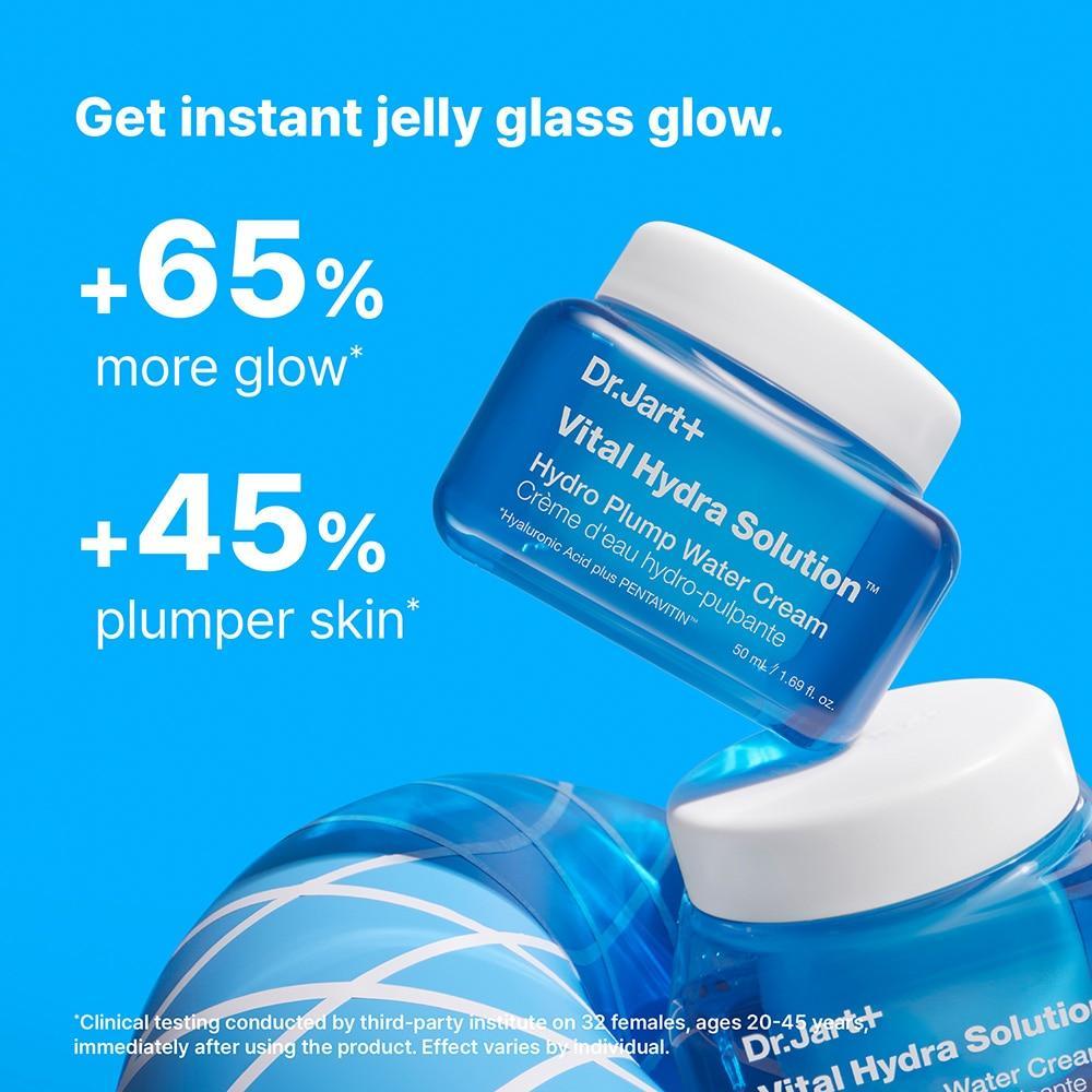 Dr. Jart+ Vital Hydra Solution cream jar with blue background and text highlighting benefits