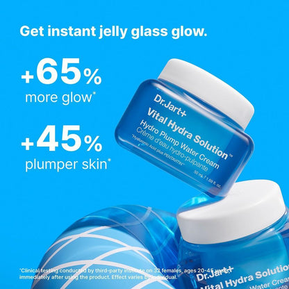 Dr. Jart+ Vital Hydra Solution cream jar with blue background and text highlighting benefits